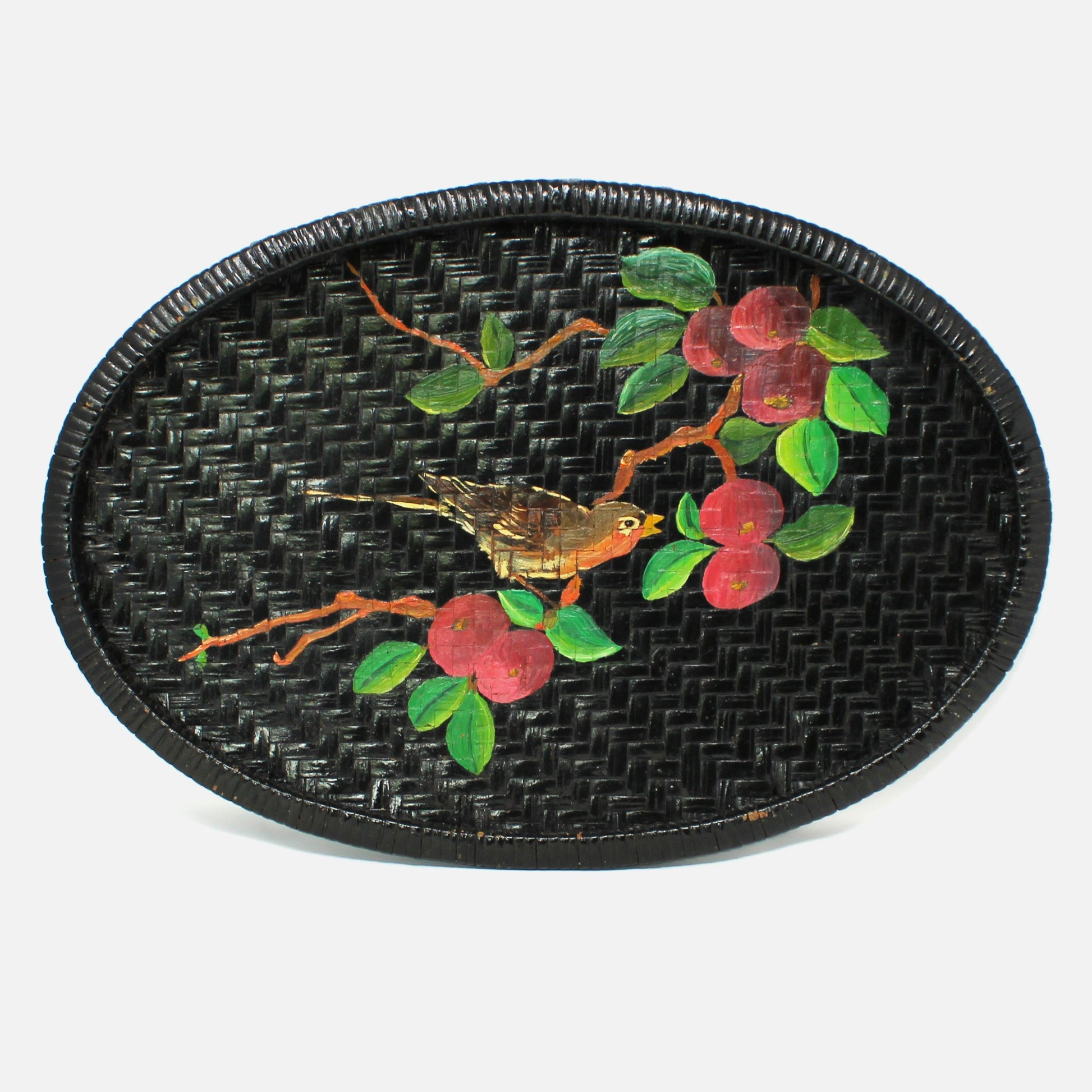Decorative vintage woven winnowing tray.  With hand painted robin bird on a branch with black background.