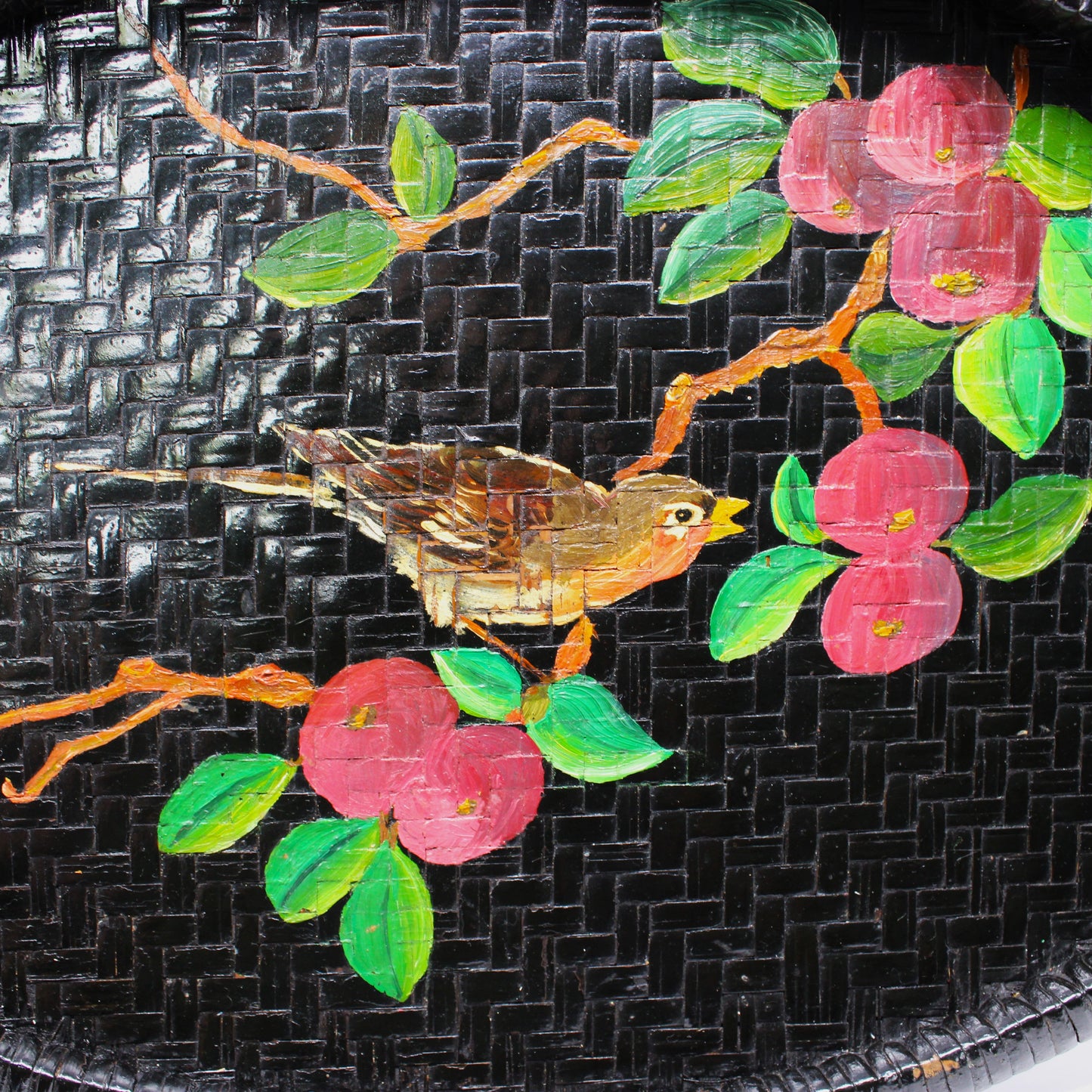 Tray, Hand Painted Wicker, Woven Grass, Robin Bird on Branch Design, Winnowing Basket, Vintage
