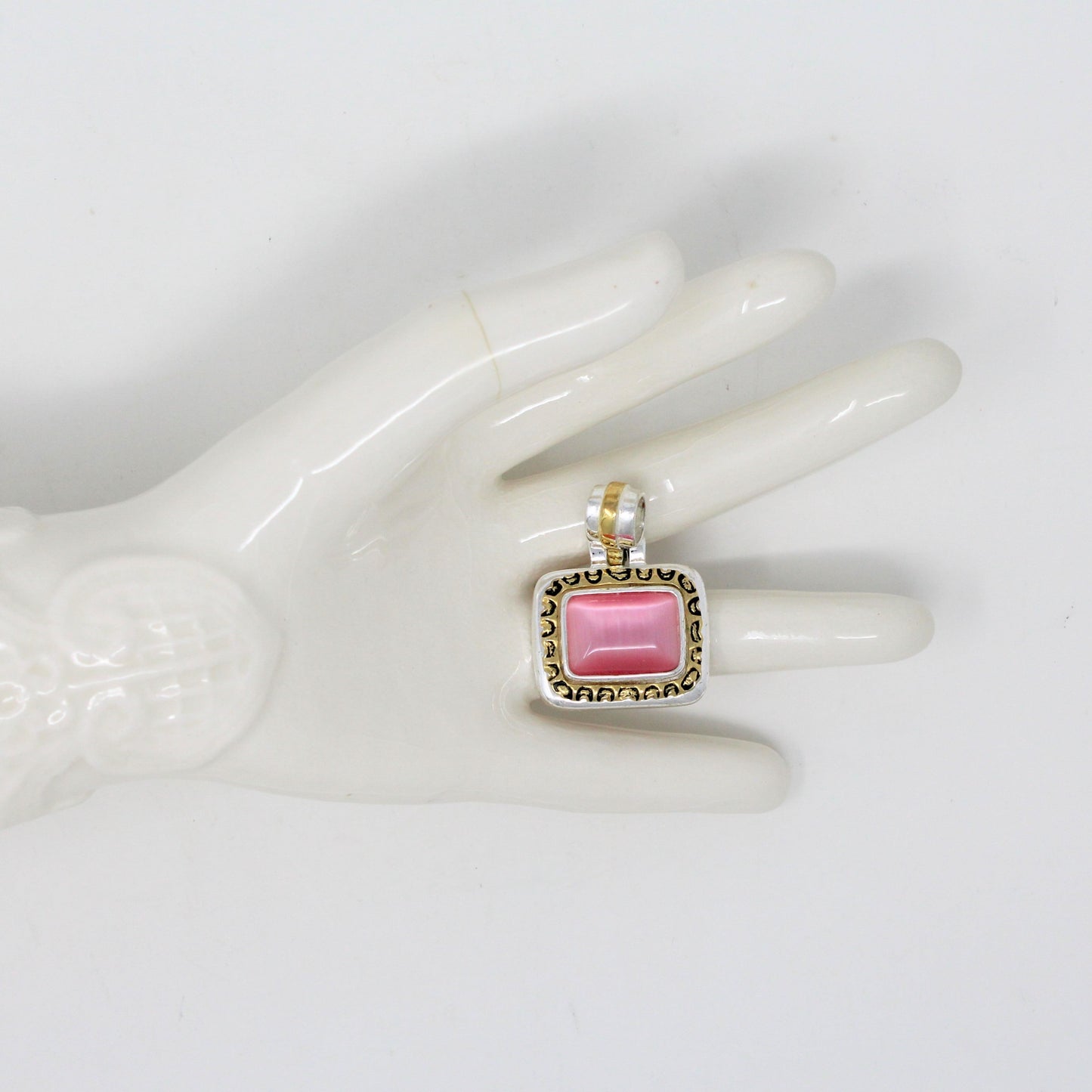 Pendant, Geometric Imitation Pink Cat's Eye on Silver & Gold Tone, Vintage, SOLD
