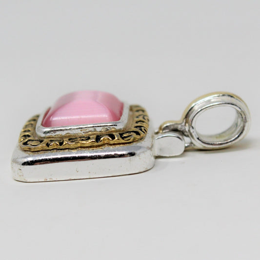 Pendant, Geometric Imitation Pink Cat's Eye on Silver & Gold Tone, Vintage, SOLD