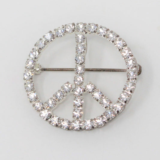 Vintage brooch, peace sign, silver and clear rhinestones