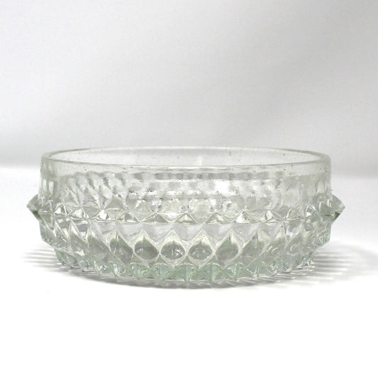 Clear glass bowl with textured Diamond Point pattern.