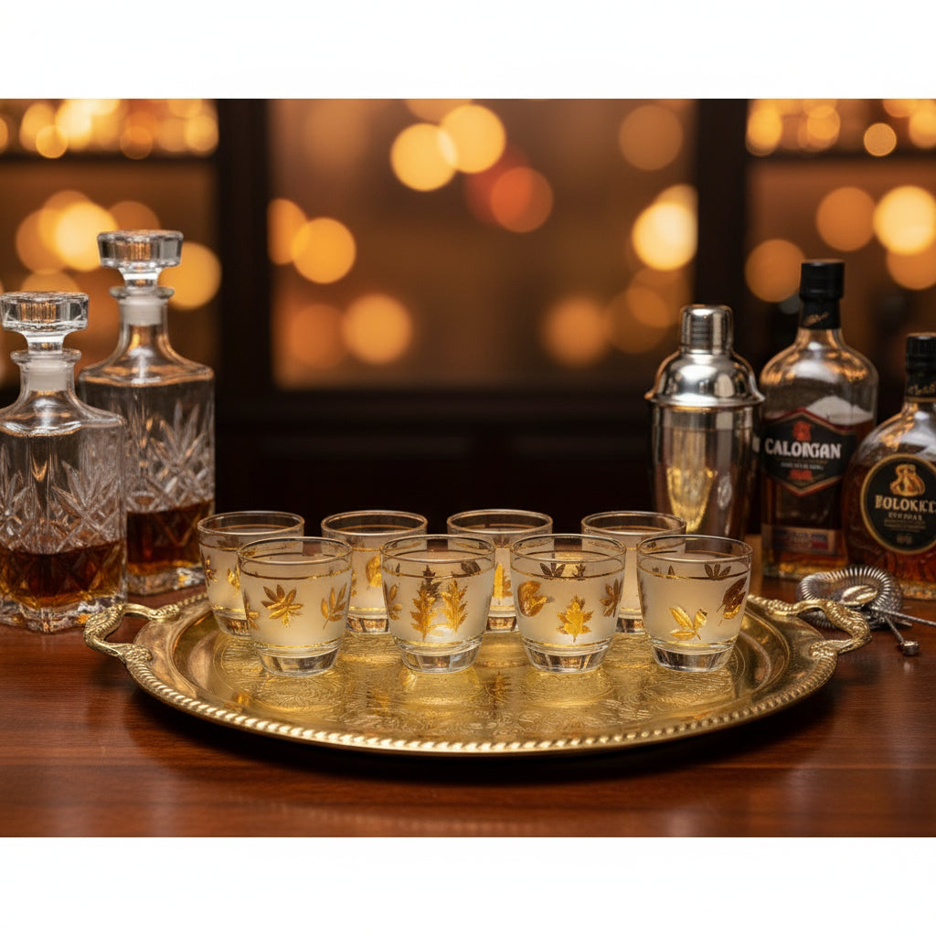 Set of eight small glasses with gold leaf design by Libbey.