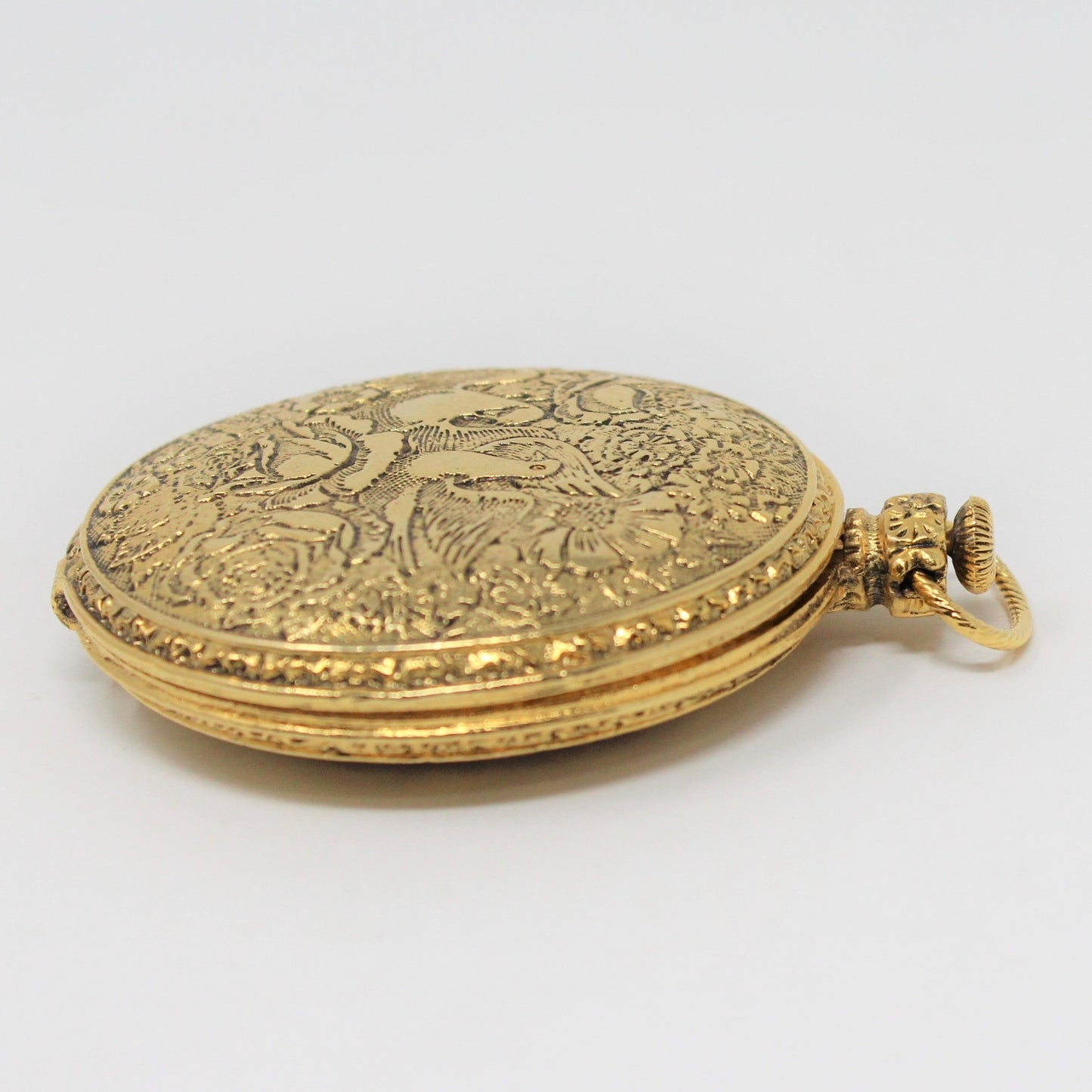 Pendant, Max Factor, Pocket Watch Style Pressed Powder Compact, Golden Doves/Birds, Vintage