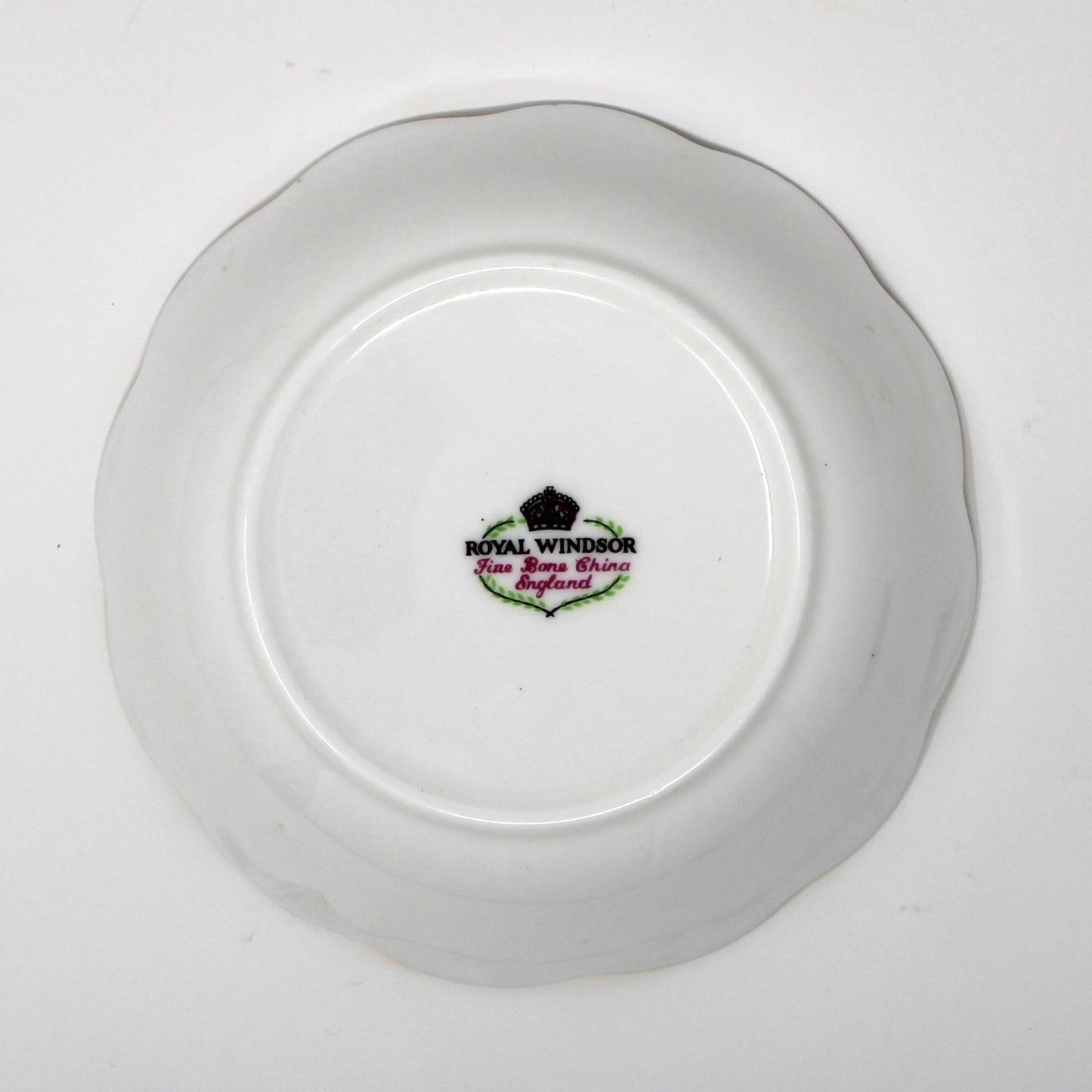 Back view of Royal Windsor fine bone china dessert bowl with a logo on a white background