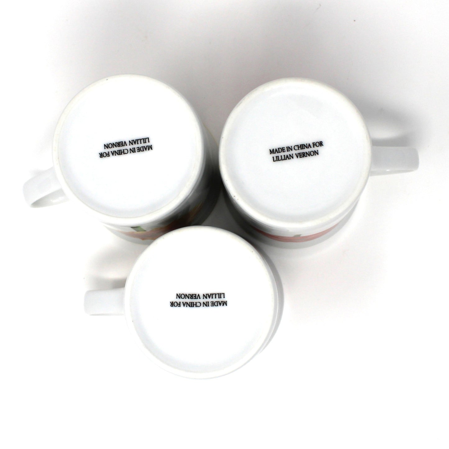 Bottom view of vintage mugs by Lillian Vernon.