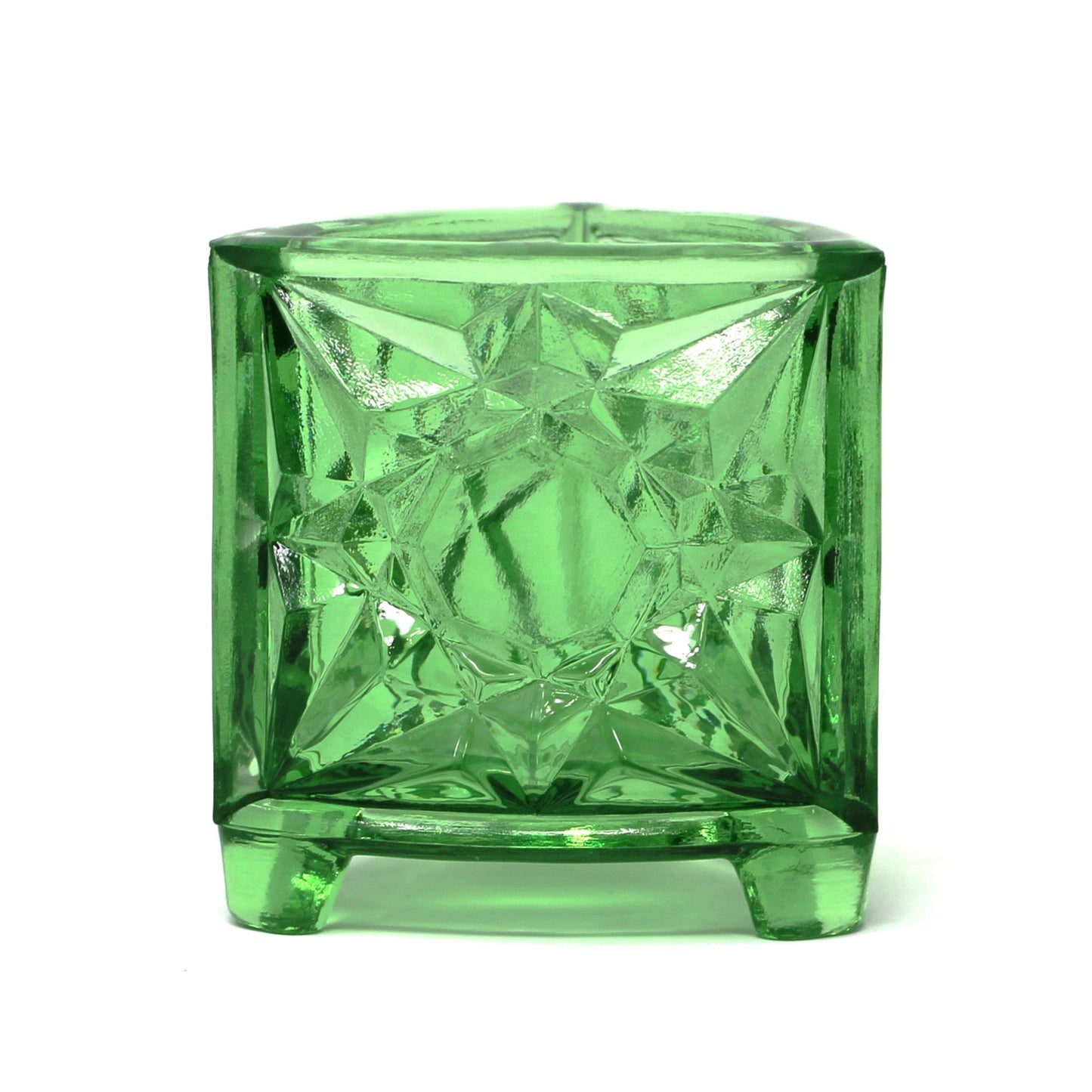 Green glass toothpick holder, footed. LG Wright