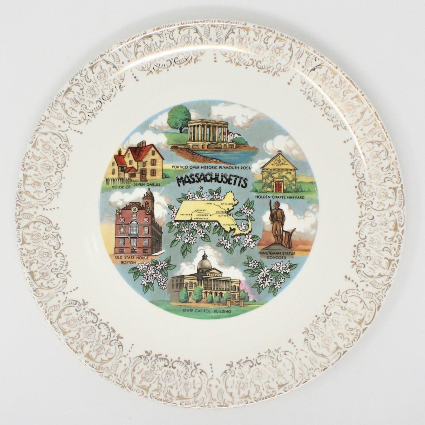 Decorative Plate, Souvenir State Collectors Plate, Massachusetts, Vintage 1950's