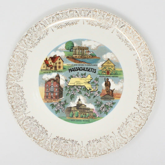 Decorative Plate, Souvenir State Collectors Plate, Massachusetts, Vintage 1950's