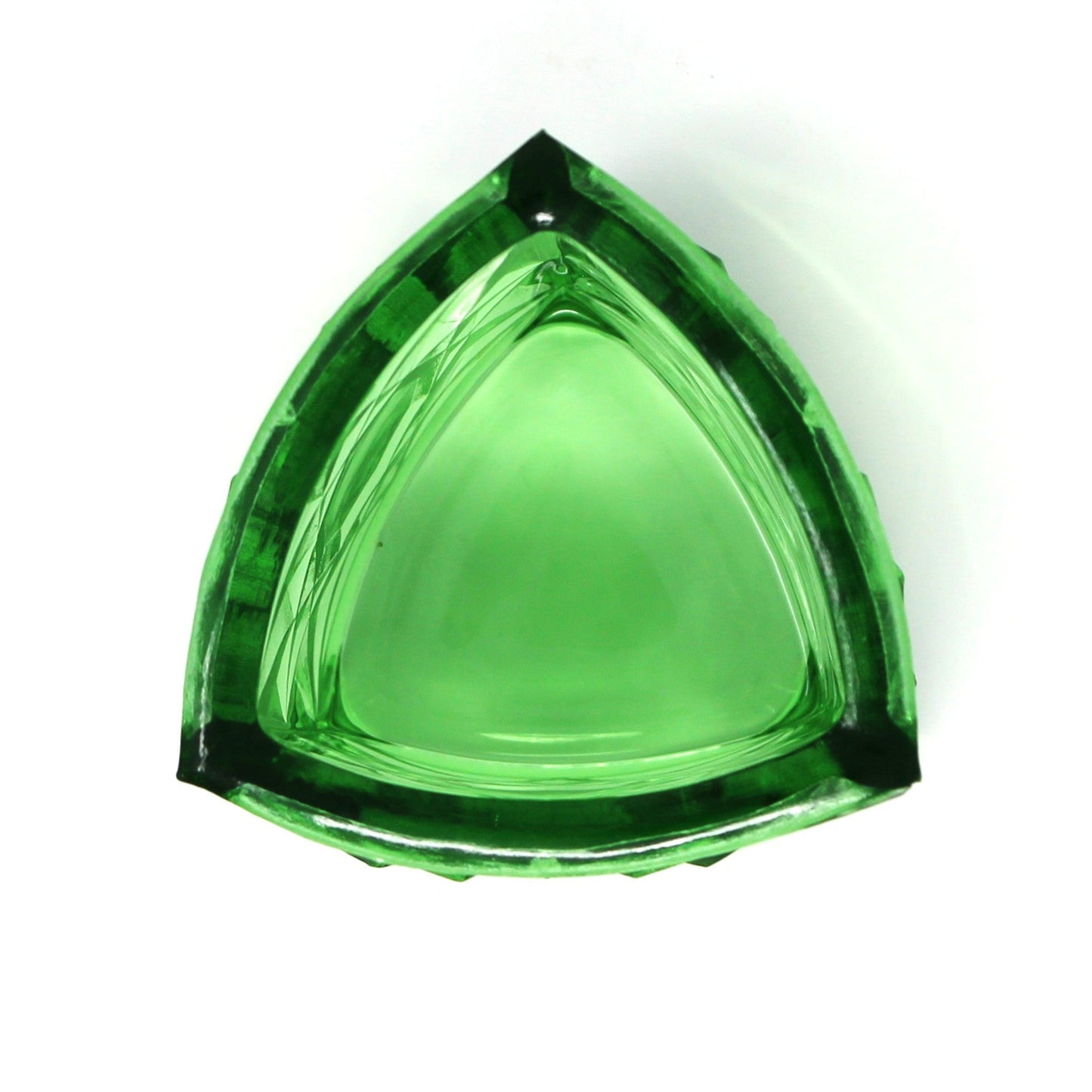 Top view of triangular shaped vintage toothpick holder. Green glass from LG Wright.