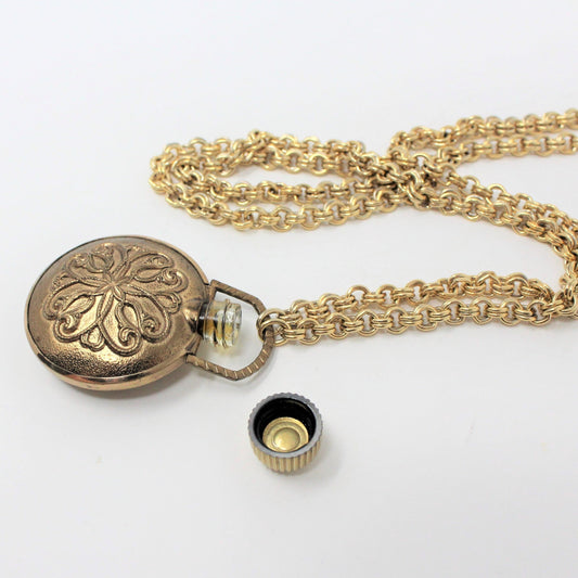 Pendant Necklace: Avon, Pocket Watch Style Perfume Bottle, Gold-Tone, Vintage 1970s - SOLD