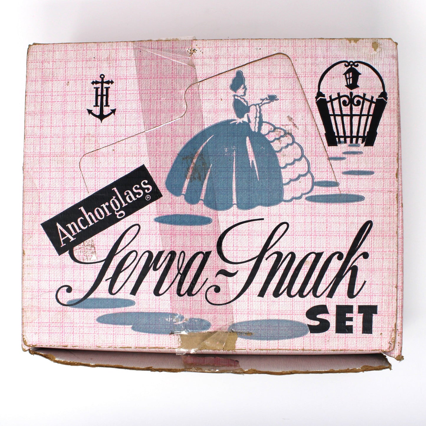 Original box from Anchor Hocking Serva-Snack Set in Colonial Lady pattern.