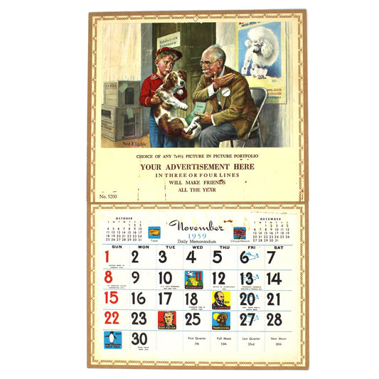 Vintage Advertising Calendar, Salesman Sample. Frances Tipton Hunter illustration, Boy with Dog to enter Dog Show. 1959
