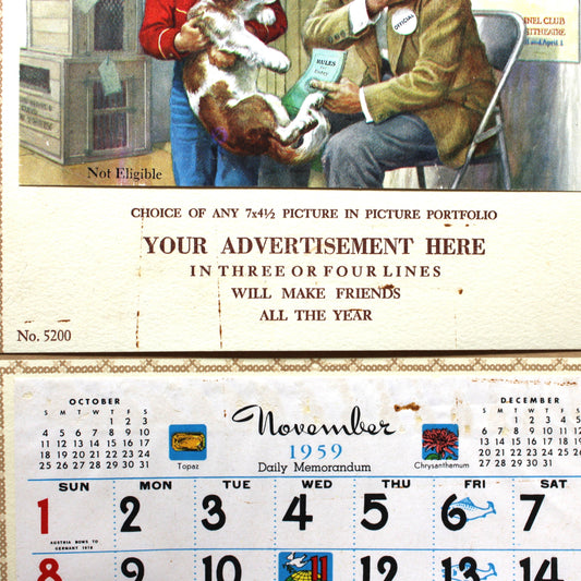 Vintage calendar, salesman sample with Frances Tipton Hunter illustration. Boy with dog wanting to enter Dog Show, November 1959