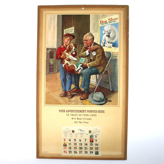 Vintage calendar, salesman sample with illustration by Frances Tipton Hunter. Boy and Dog in Dog Show,. 1959