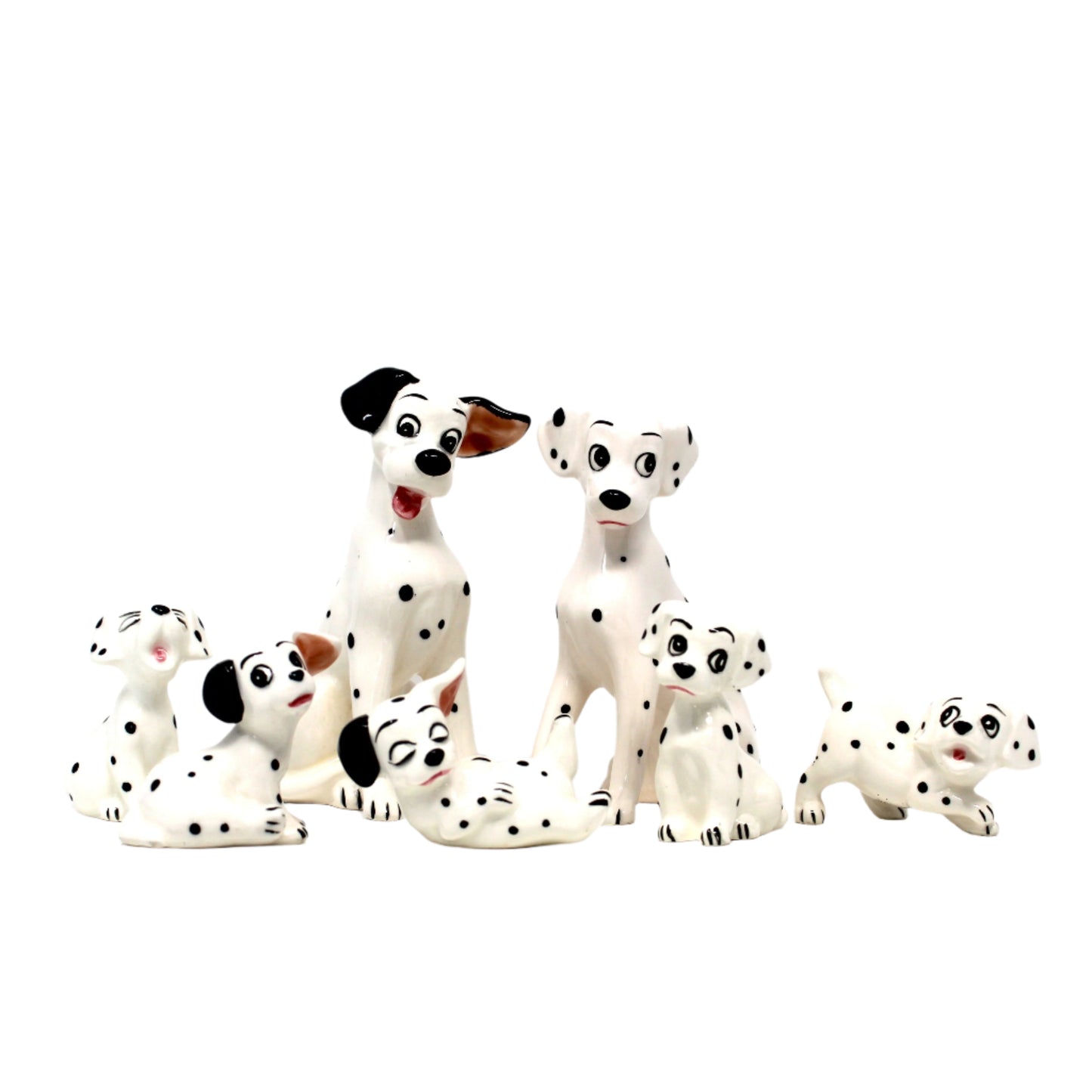 Set of 7 Disney 101 Dalmatians figurines. Vintage Japan porcelain. Pongo, Perdita and 5 puppies.