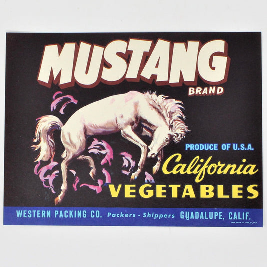 Vintage Mustang Brand crate label featuring a white horse with 'California Vegetables' text, and the brand name 'MUSTANG' prominently displayed.