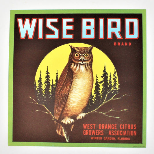 Vintage Crate Label, Original Wise Bird Owl w/Full Moon, NOS Unused, Lithograph, Ephemera, Collectibles, Animal Theme, Birds, Halloween Decor,