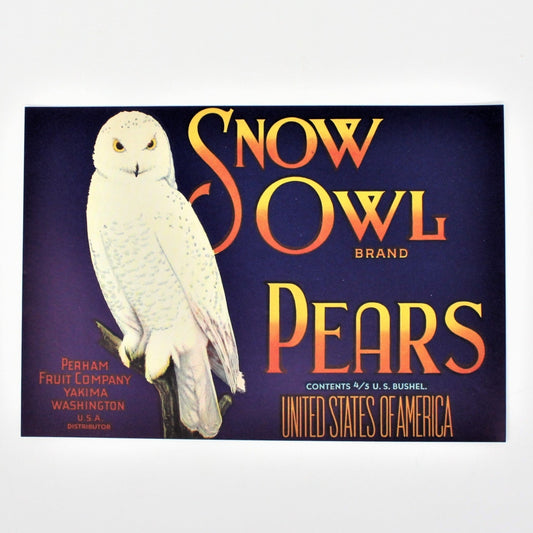 Vintage crate label for Snow Owl Pears featuring an illustration of a white owl, with product details and branding.
