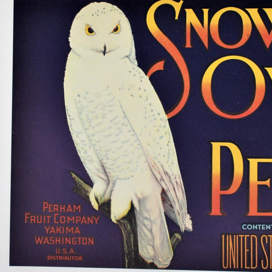 Crate Label, Snow Owl Brand Pears, Blue, Perham Fruit Co, Vintage, 1930's