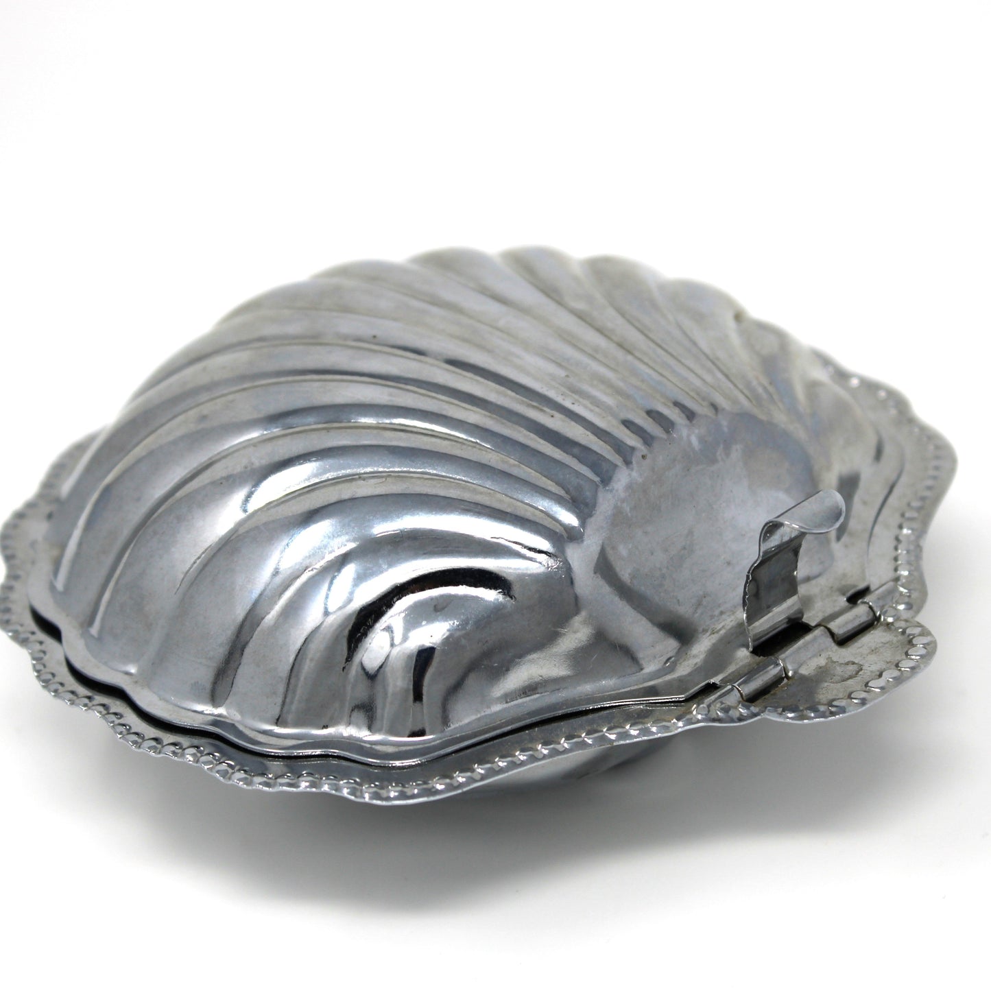 Condiment Dish, Shell Shaped Caviar Serving Dish with Glass Insert, Stainless Steel, Hinged, Vintage