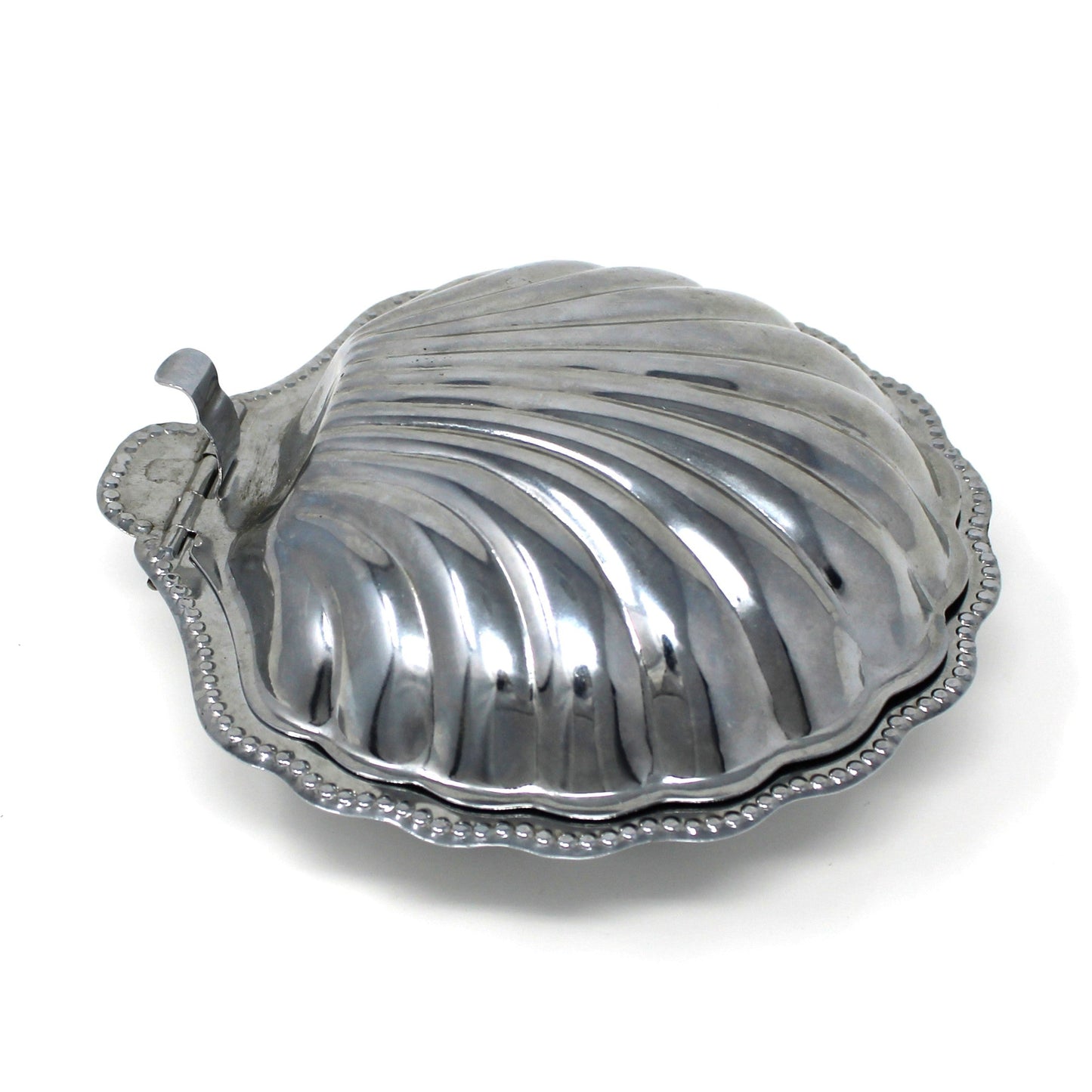 Condiment Dish, Shell Shaped Caviar Serving Dish with Glass Insert, Stainless Steel, Hinged, Vintage