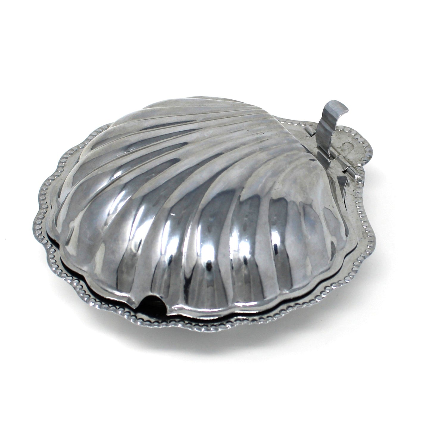 Condiment Dish, Shell Shaped Caviar Serving Dish with Glass Insert, Stainless Steel, Hinged, Vintage