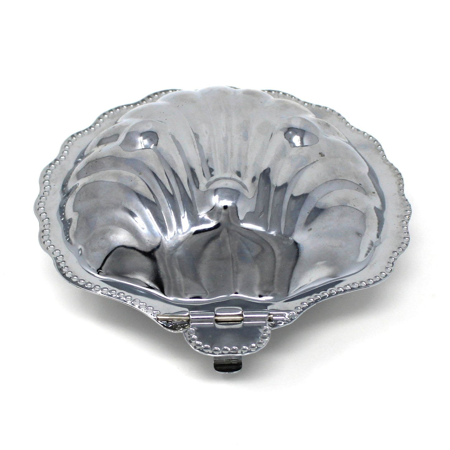 Condiment Dish, Shell Shaped Caviar Serving Dish with Glass Insert, Stainless Steel, Hinged, Vintage