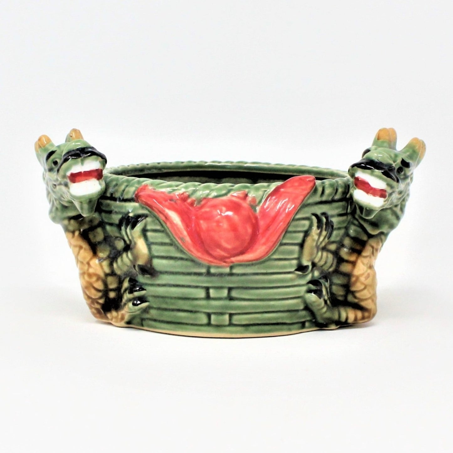 Planter, Double Dragon Oriental, Majolica-Style Ceramic, Vintage