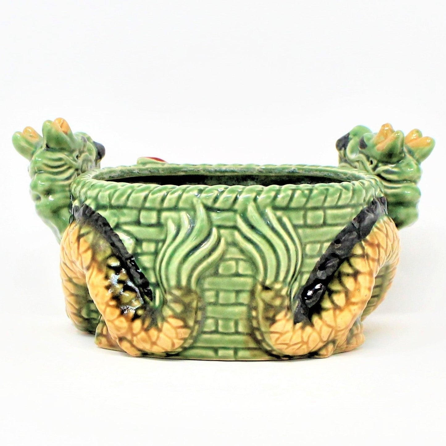 Planter, Double Dragon Oriental, Majolica-Style Ceramic, Vintage