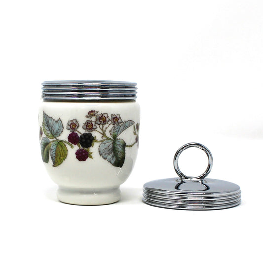 Opened view of Vintage Egg Coddler from Royal Worcester in Lavinia pattern with berries and leaves.
