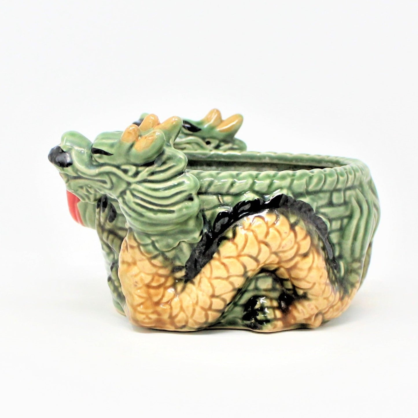 Planter, Double Dragon Oriental, Majolica-Style Ceramic, Vintage