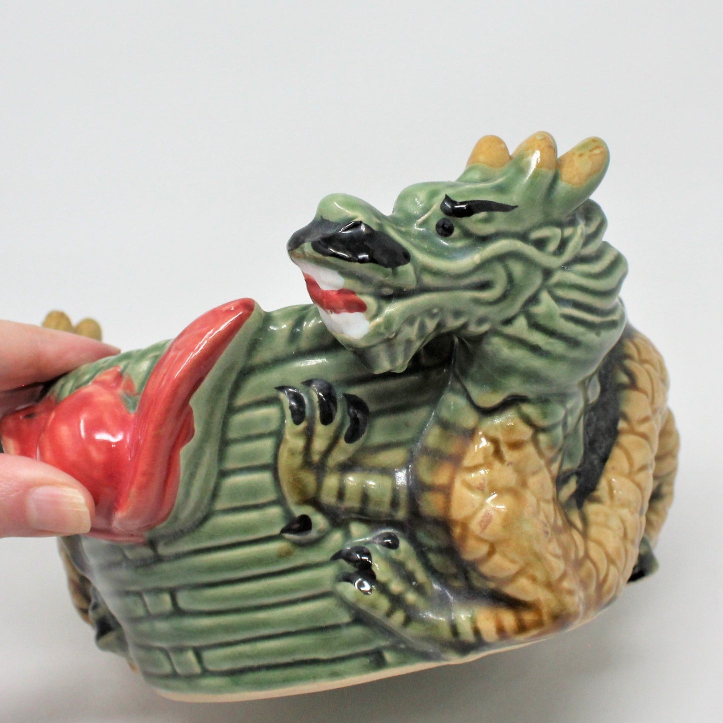 Planter, Double Dragon Oriental, Majolica-Style Ceramic, Vintage