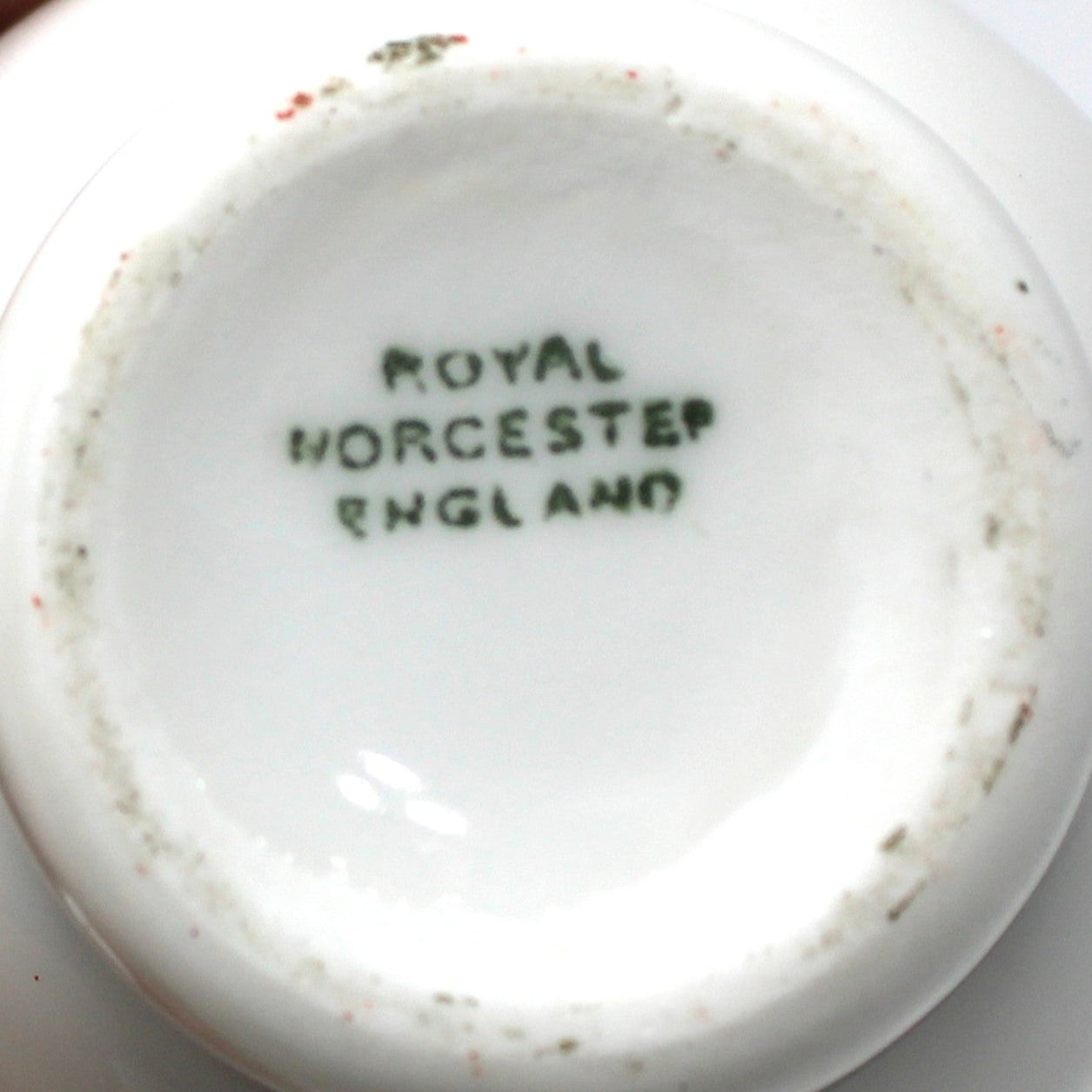 Close up view of backstamp from 'Royal Worcester England'