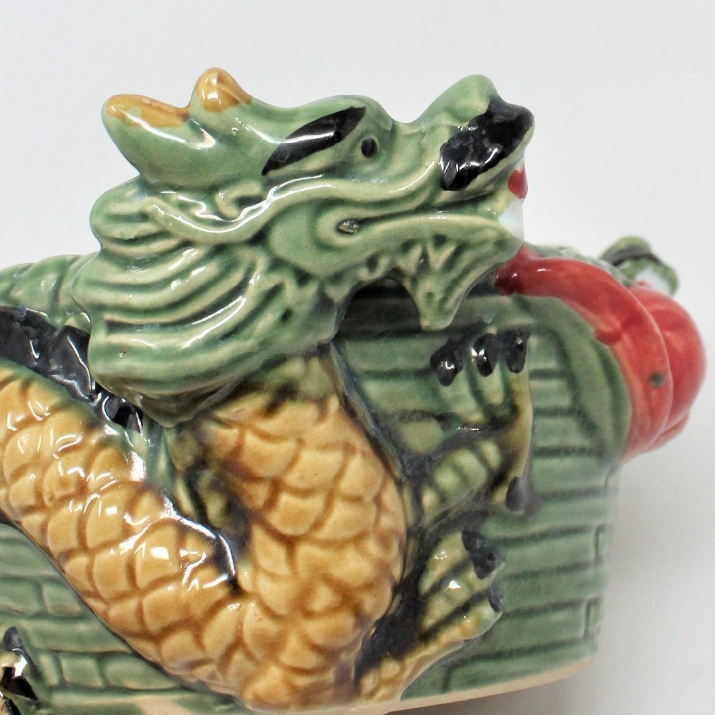 Planter, Double Dragon Oriental, Majolica-Style Ceramic, Vintage