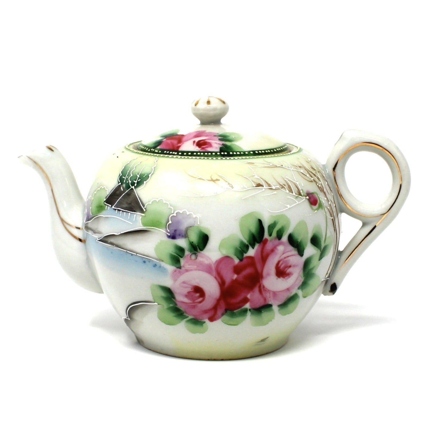 Vintage teapot, part of a 15 pc tea set with oriental floral design, pink roses and hand painted moriage. Takito brand Japan import.