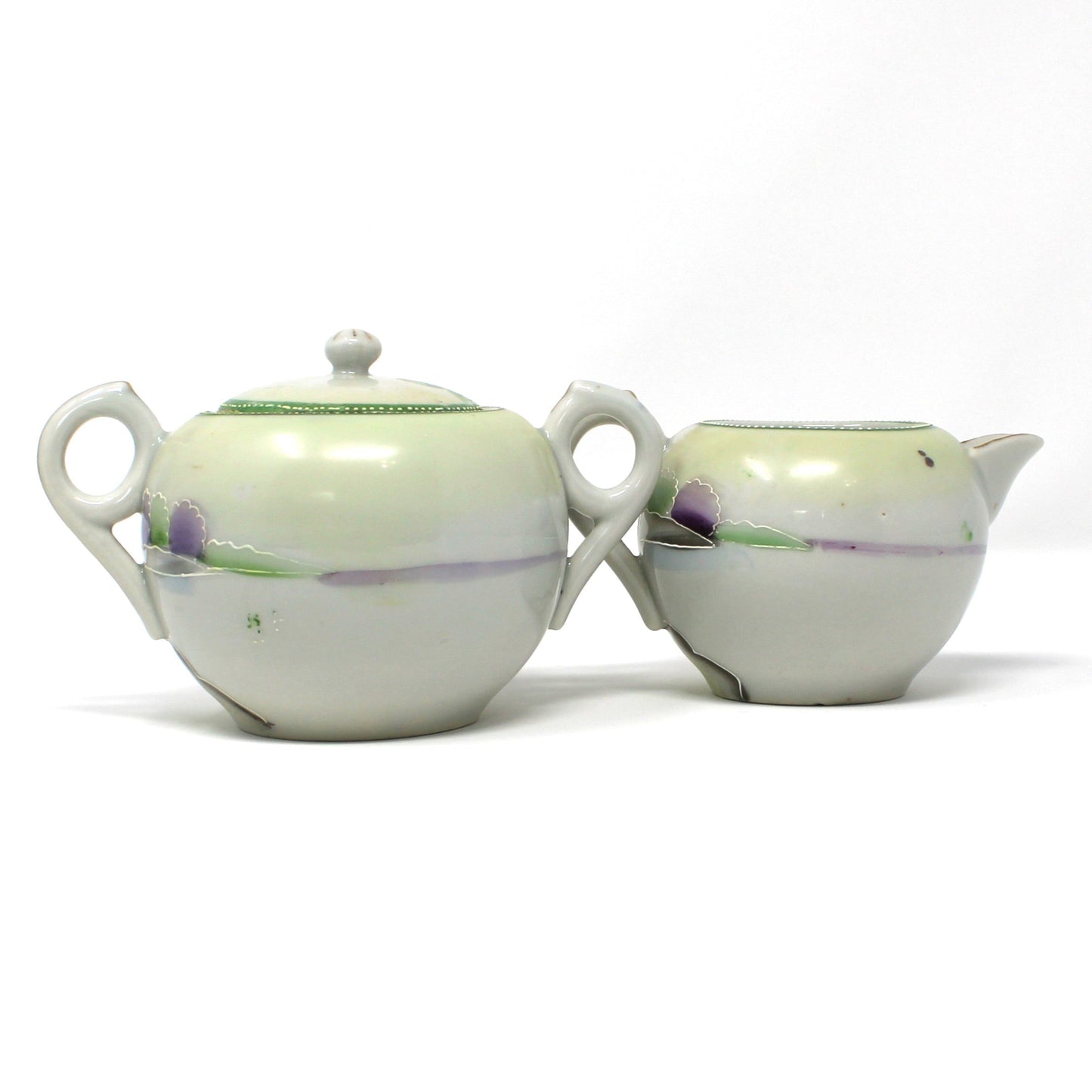 Tea Set, Teapot, 5 Teacups & Saucers, Creamer, Sugar, Pink Roses, Green Trim, Hand Painted Moriage, 13 Pcs, Vintage