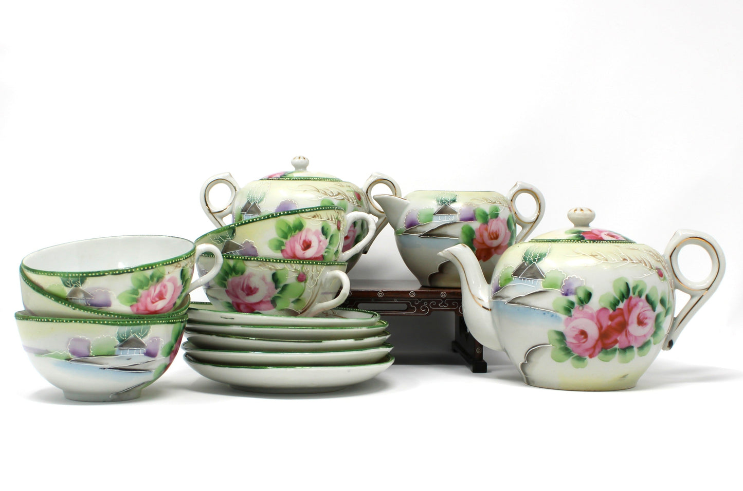 Vintage 15 pc Tea set with pink floral design and green leaves. Japan import.