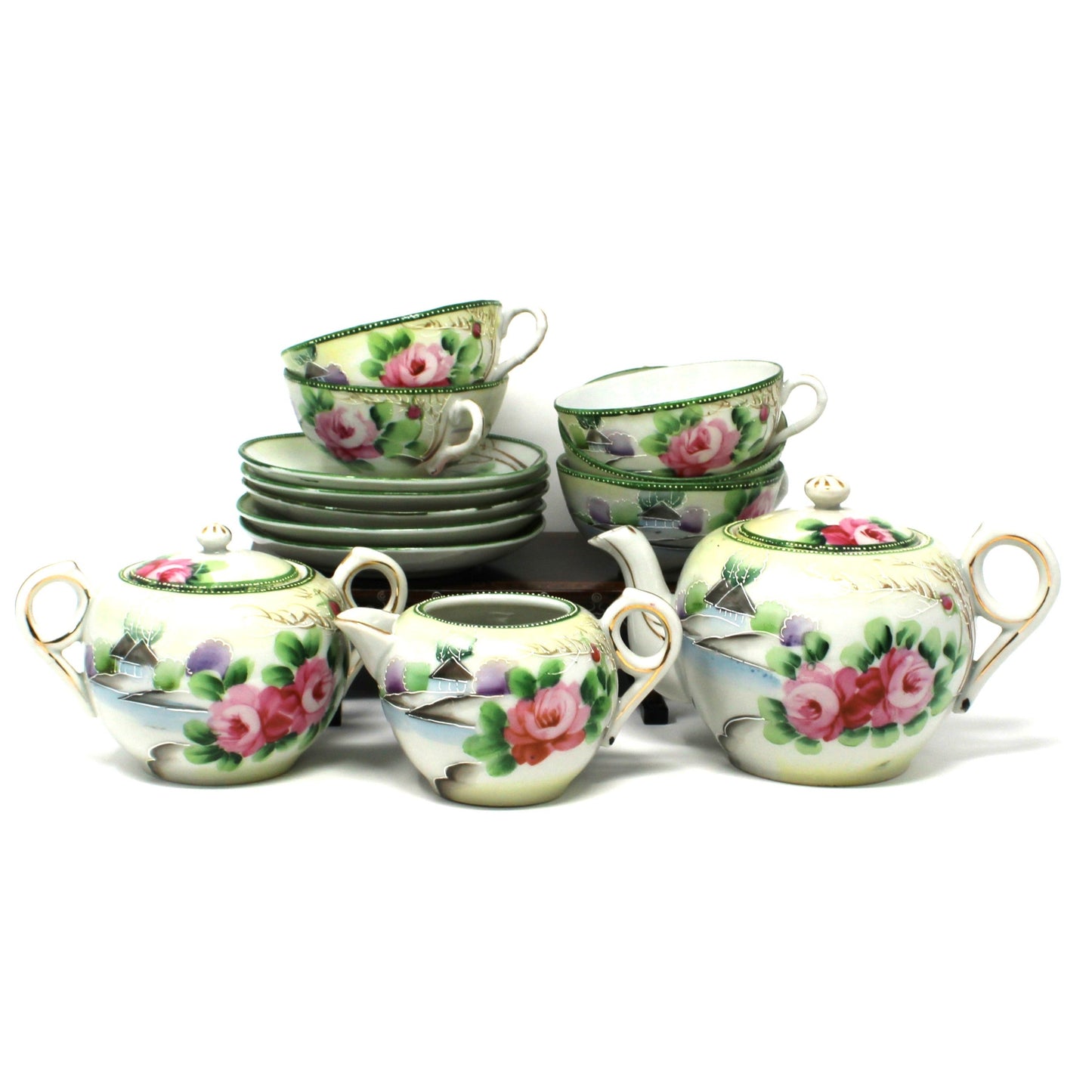 Vintage 15 pc tea set, Japan porcelain, hand painted moriage. Pink Roses and cottage by the water. Takito brand, mid century.