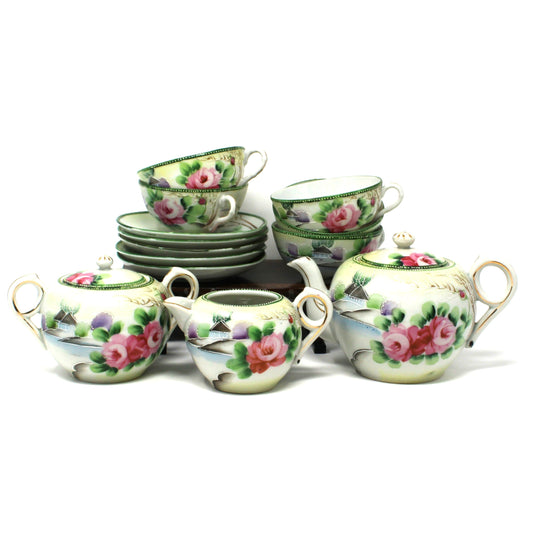 Vintage 15 pc tea set, Japan porcelain, hand painted moriage.  Pink Roses and cottage by the water.  Takito brand, mid century.