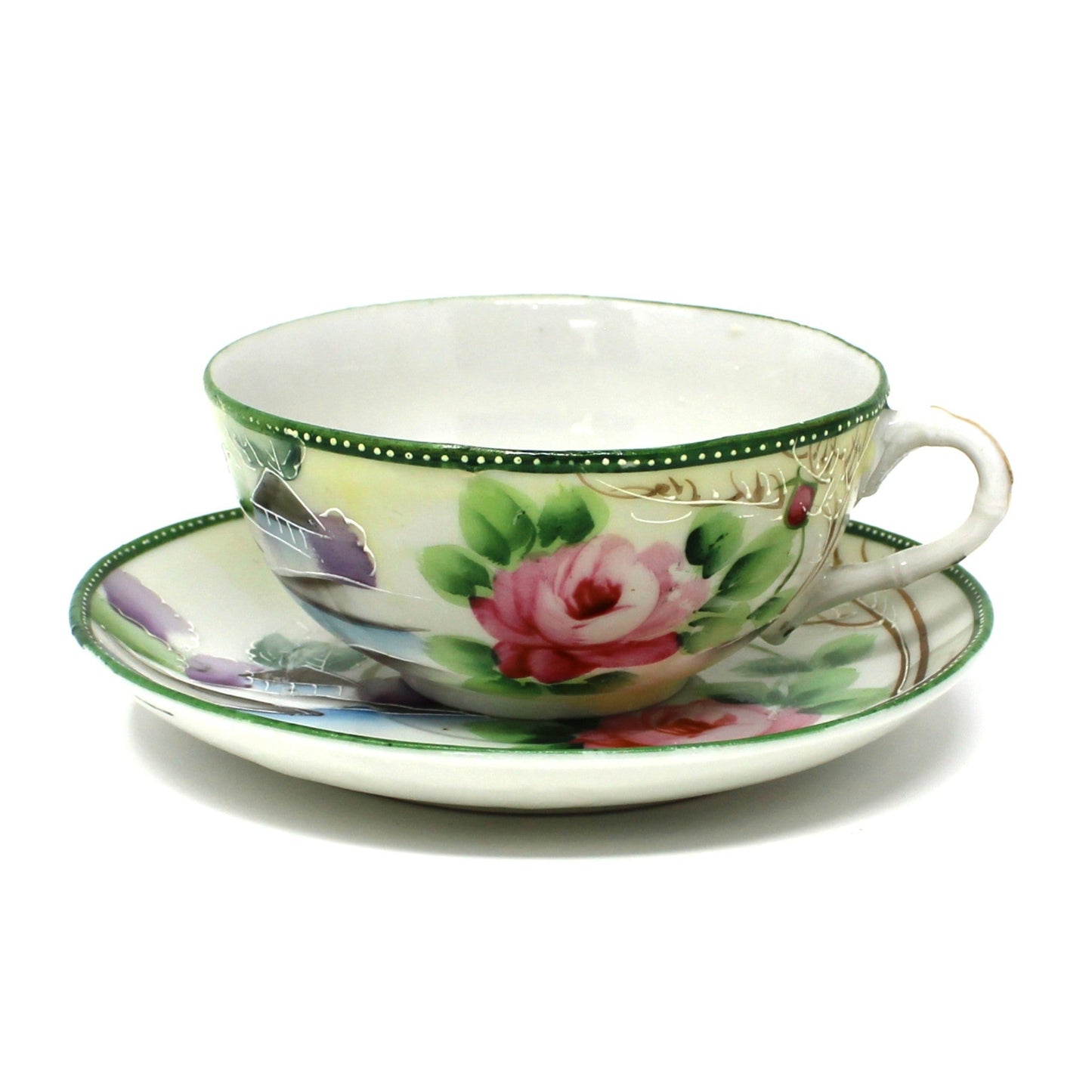 Tea Set, Teapot, 5 Teacups & Saucers, Creamer, Sugar, Pink Roses, Green Trim, Hand Painted Moriage, 13 Pcs, Vintage