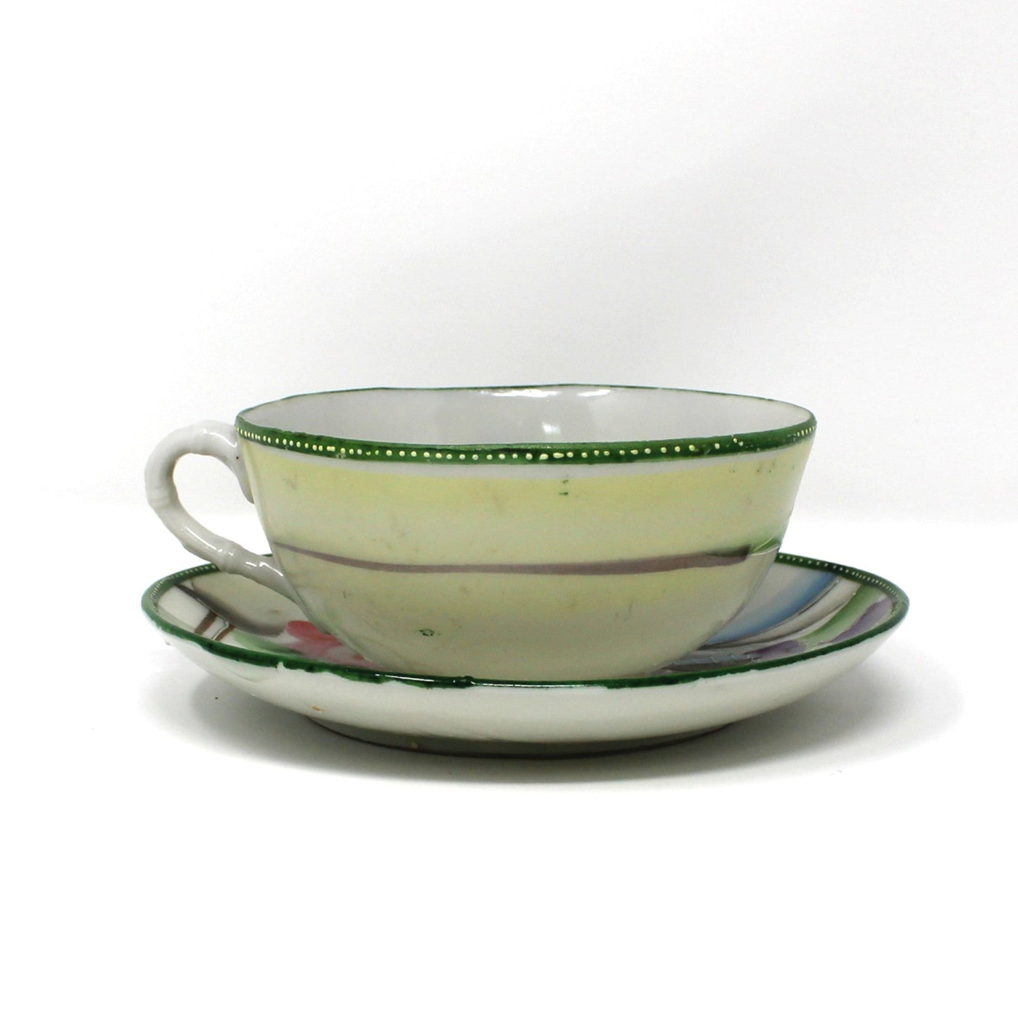 Tea Set, Teapot, 5 Teacups & Saucers, Creamer, Sugar, Pink Roses, Green Trim, Hand Painted Moriage, 13 Pcs, Vintage