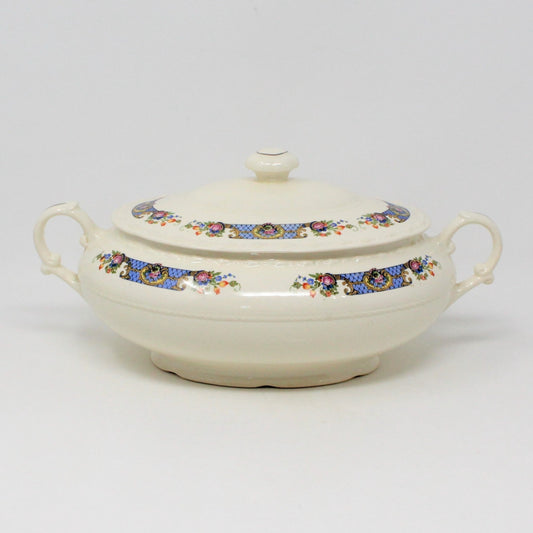 Covered Vegetable Bowl, Crooksville, Blue Trellis Floral Band, Advertising, Vintage