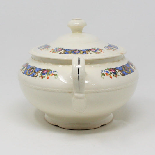 Covered Vegetable Bowl, Crooksville, Blue Trellis Floral Band, Advertising, Vintage