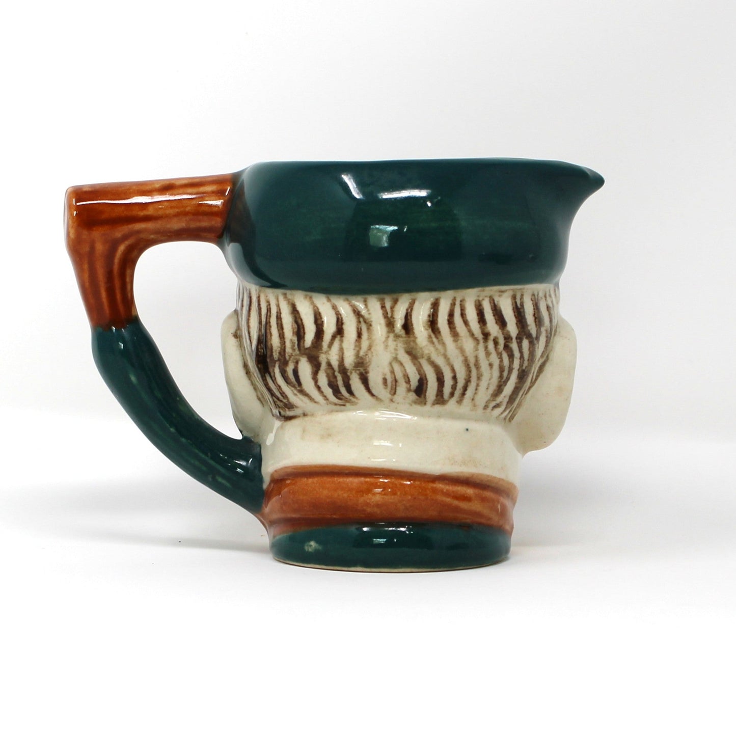 Back view of Vintage Toby Jug, Hand Painted Character Old Man's Face with Hat, Blue Shaded Eyes, Ceramic Pitcher, Made in Japan