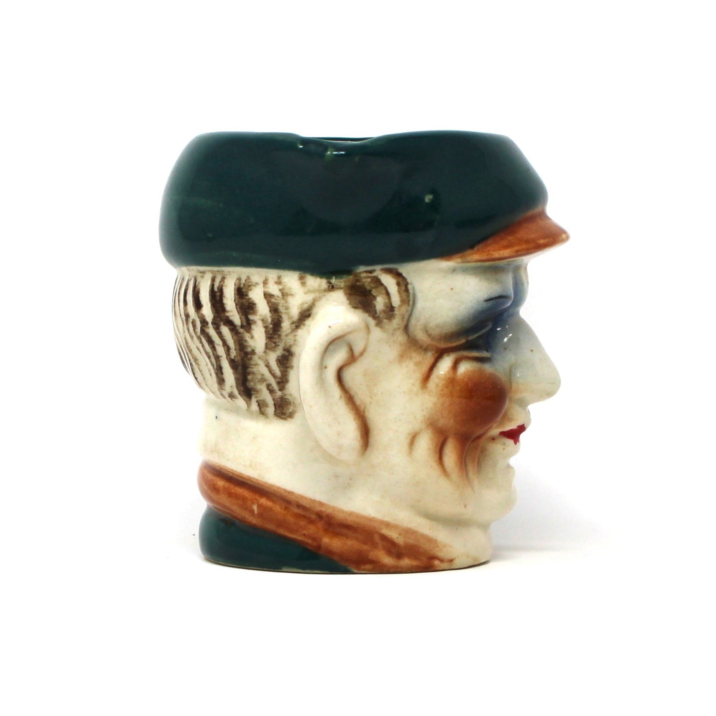 Side view of Vintage Toby Jug, Hand Painted Character Old Man's Face with Hat, Blue Shaded Eyes, Ceramic Pitcher