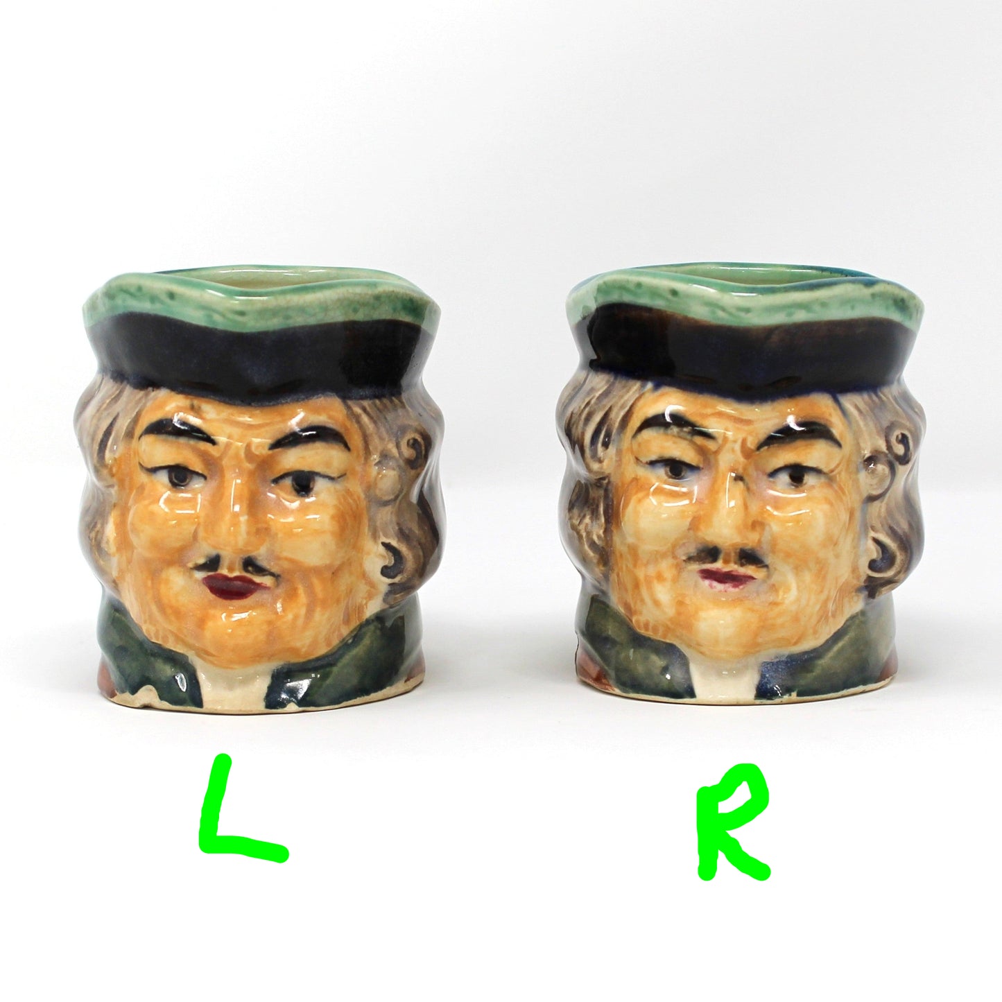 Pitchers / Jugs, Toby Jugs, Hand Painted Character Colonial Man Face with Mustache, Japan, Vintage