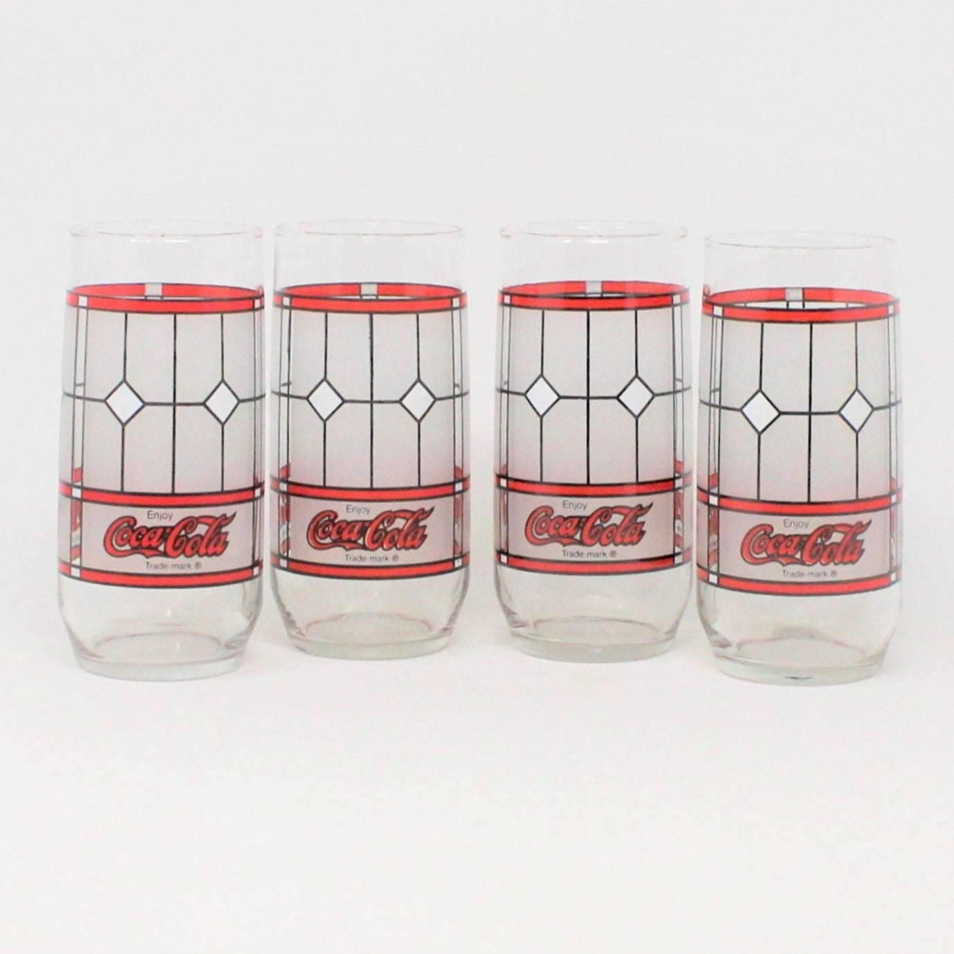 Glasses, Coca Cola Glass, Frosted Stained Glass, Tiffany Style, Set of 4, Vintage, SOLD