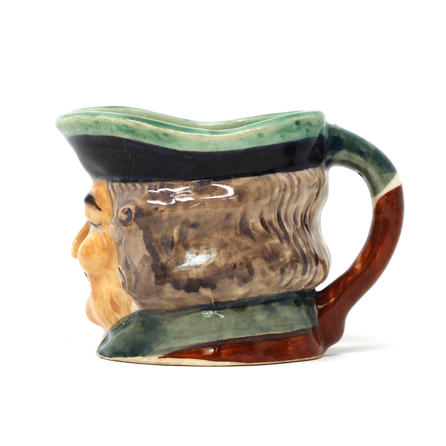 Side view of Vintage Toby Jug, Hand Painted Character Face Colonial Man with Mustache, Ceramic Pitcher