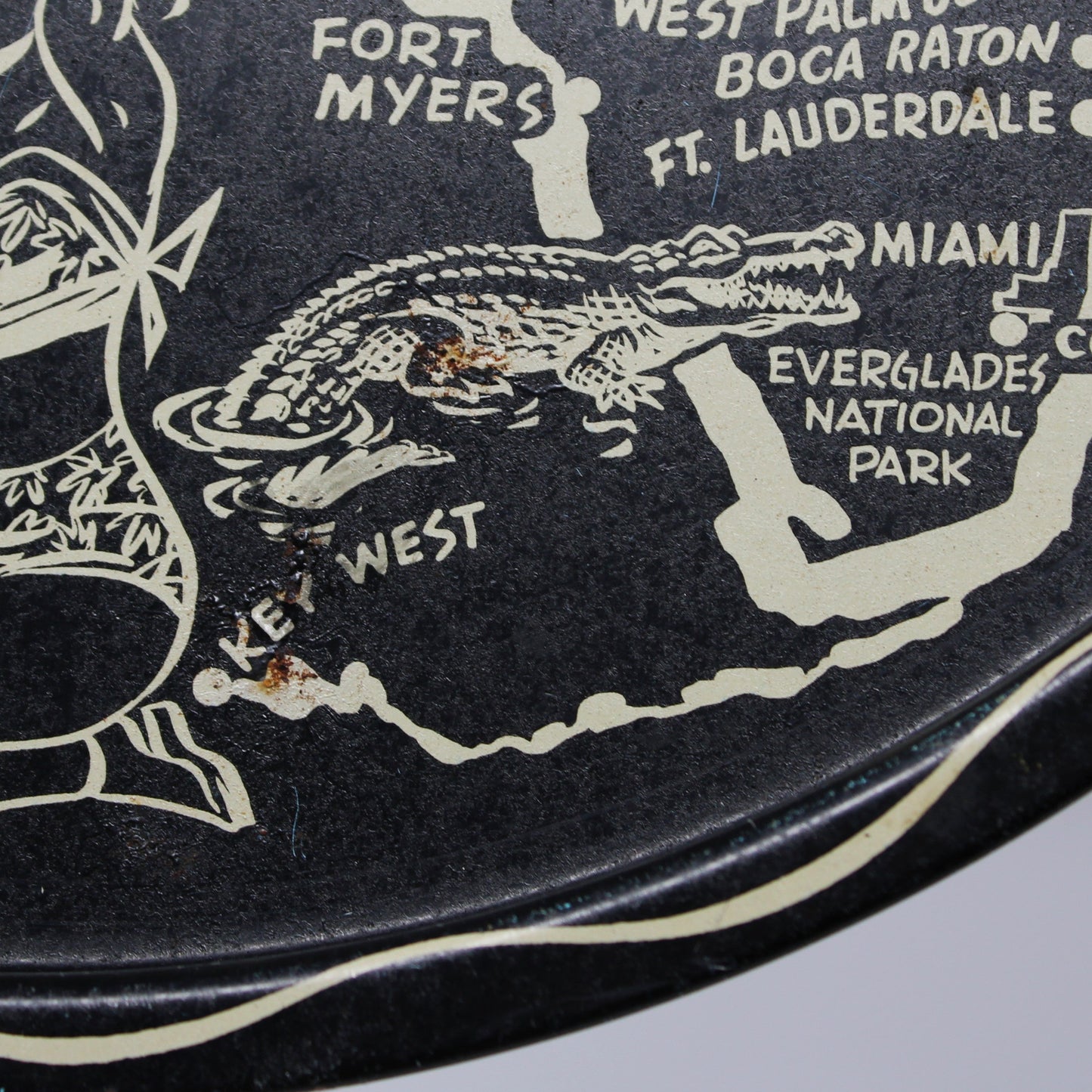 Tray, Metal Tray, Florida Map Souvenir, State Flower Orange Blossom, Round, Vintage